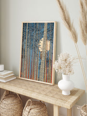 Japanese woodblock style art print of an owl perched in a bamboo forest under a full moon, perfect Japanese Owl Wall Art. - Image 3