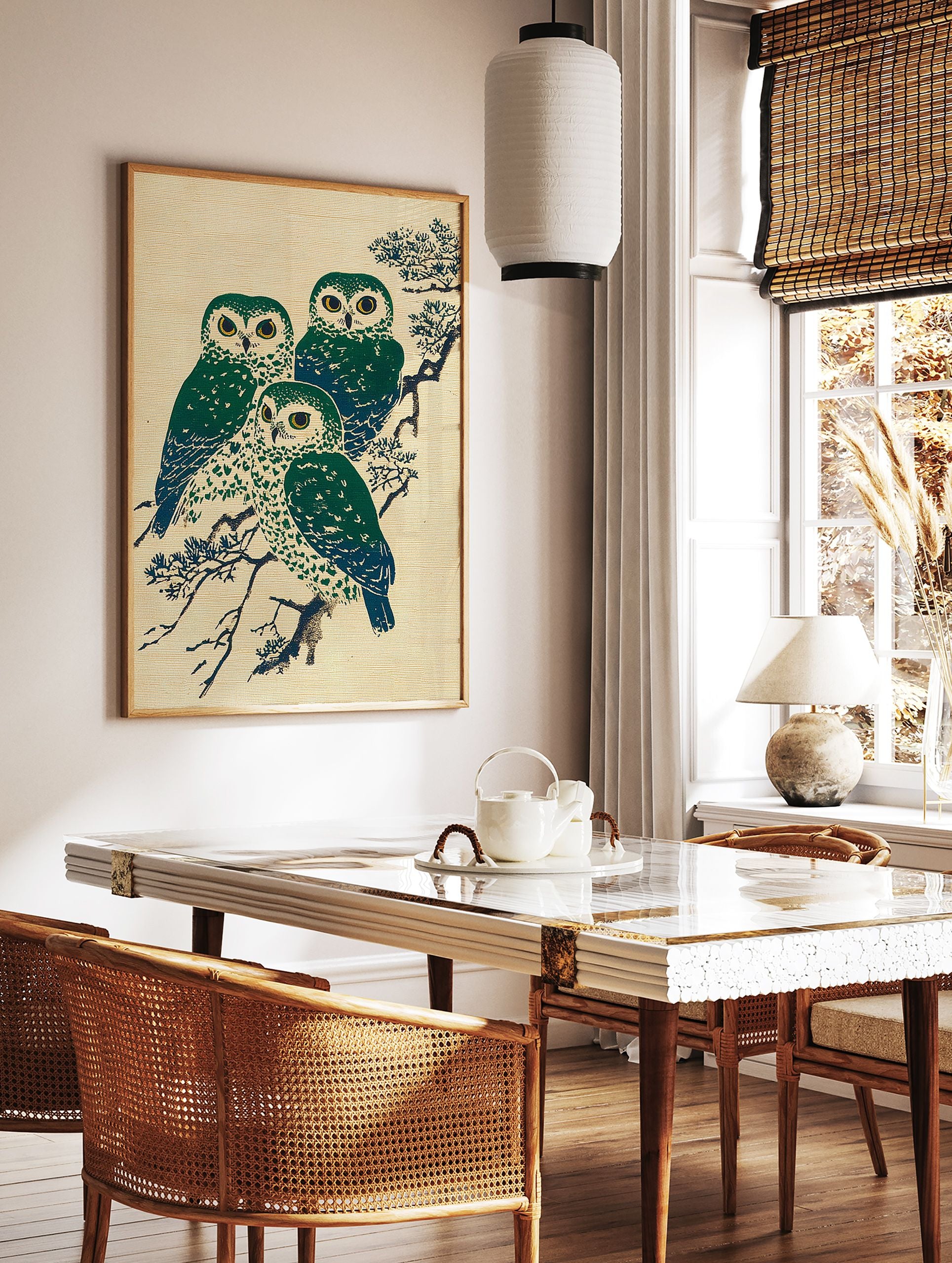Three green and blue Japanese owls perched on a pine branch, depicted in a traditional Ukiyo-e style art print. - Image 2