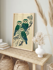 Three green and blue Japanese owls perched on a pine branch, depicted in a traditional Ukiyo-e style art print. - Image 3