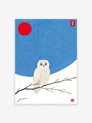 White owl with golden details perched on a branch, red sun and wavy blue sky in Japanese illustrative style