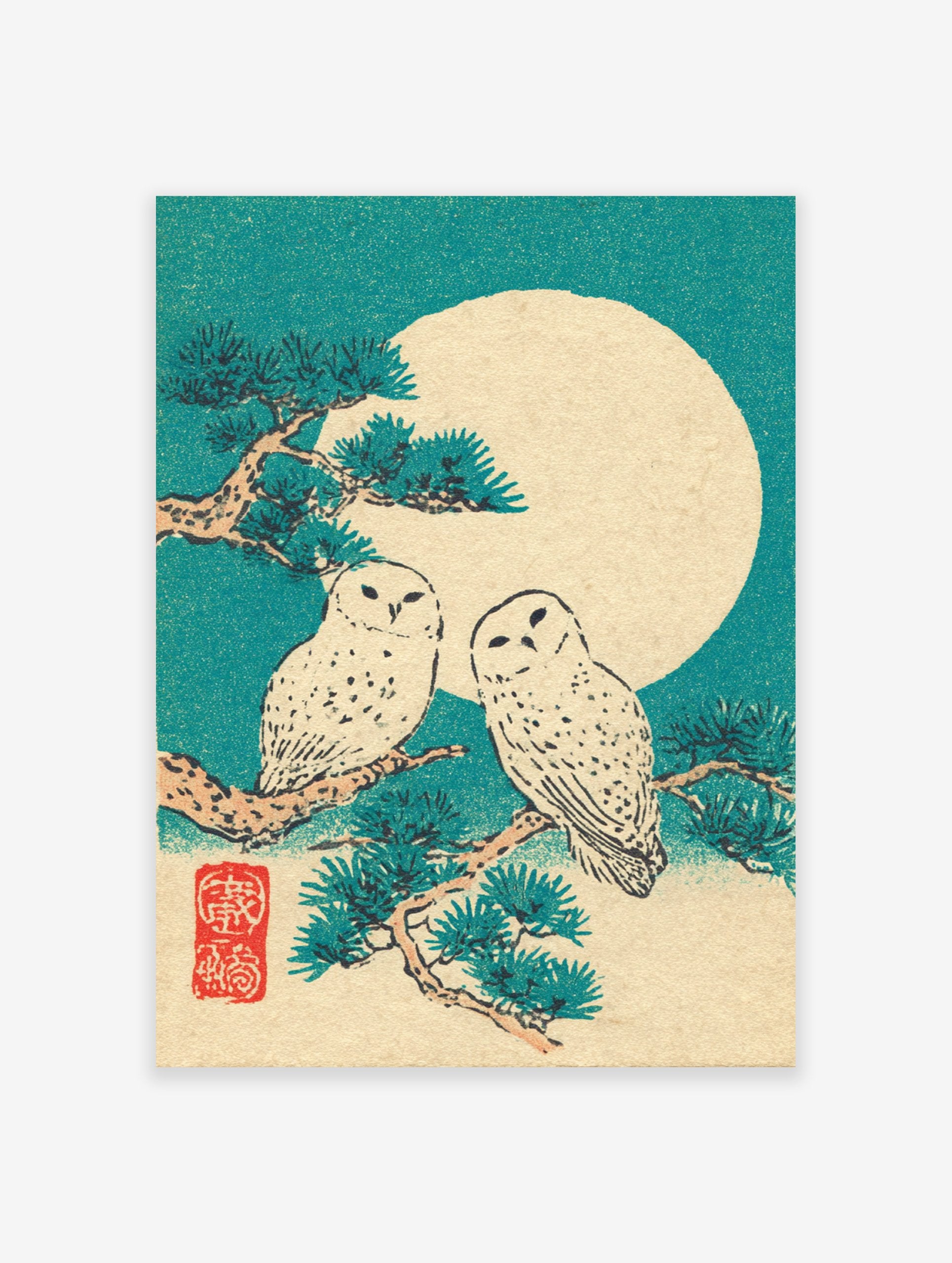 Japanese owl wall art print featuring two snowy owls on a pine branch with a large full moon in a teal sky.