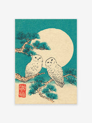 Japanese owl wall art print featuring two snowy owls on a pine branch with a large full moon in a teal sky.