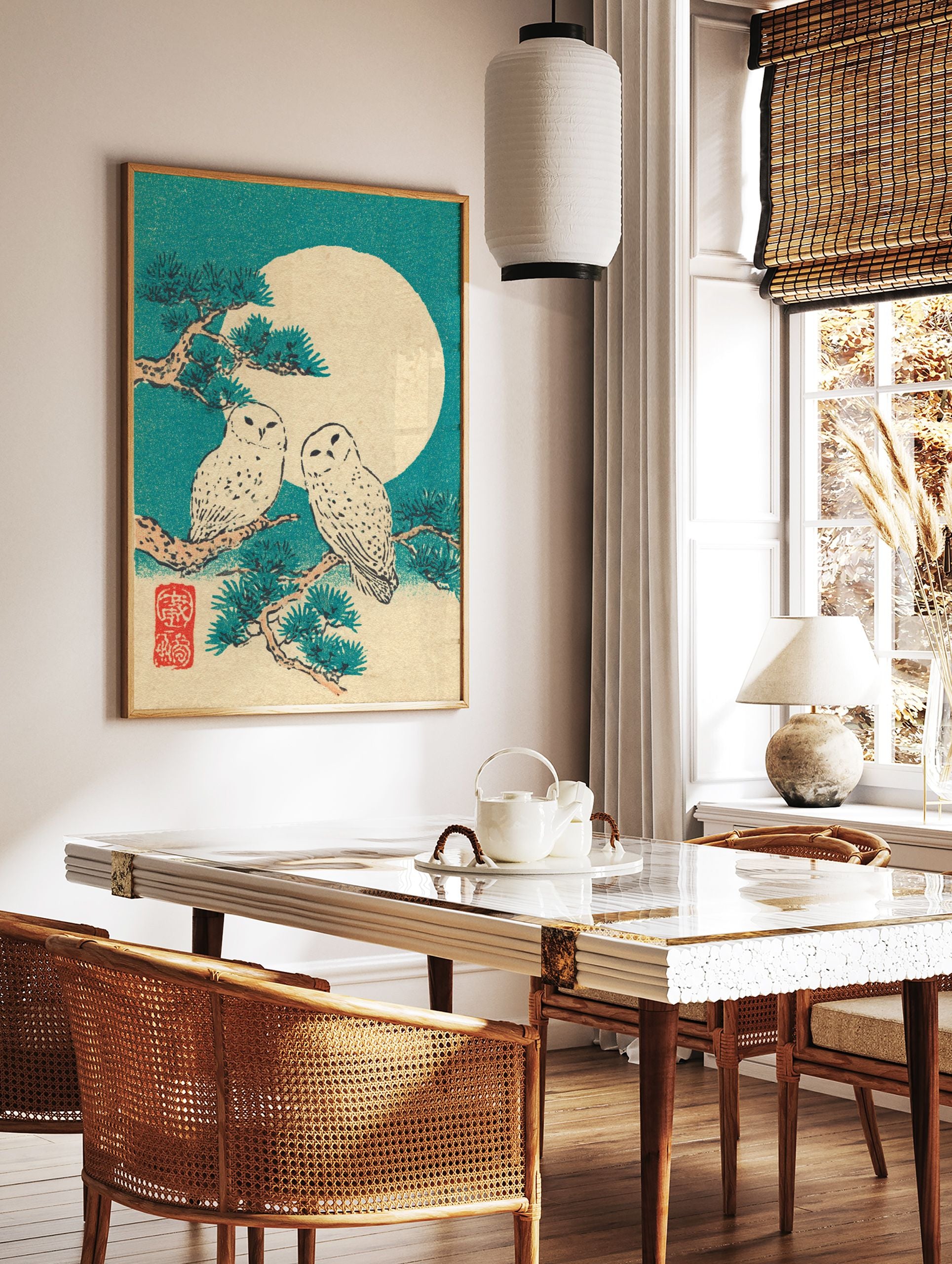 Japanese owl wall art print featuring two snowy owls on a pine branch with a large full moon in a teal sky. - Image 2