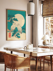 Japanese owl wall art print featuring two snowy owls on a pine branch with a large full moon in a teal sky. - Image 2
