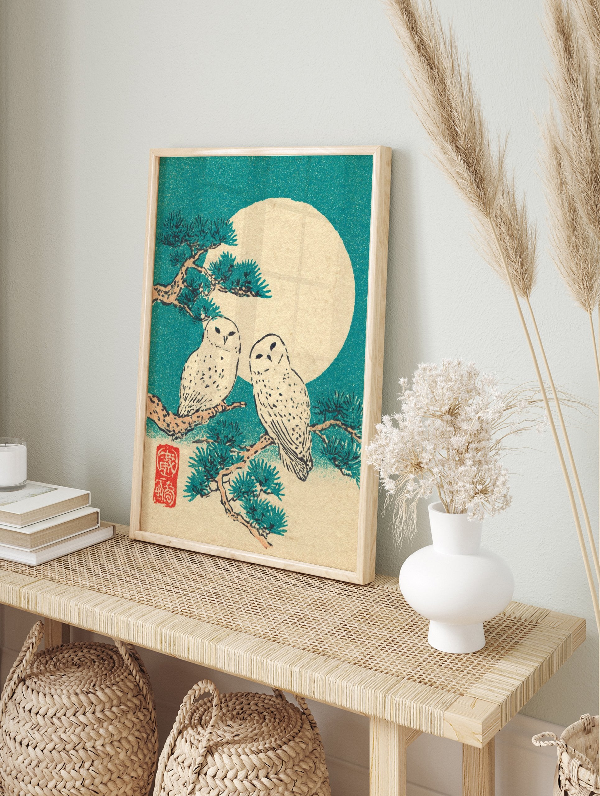 Japanese owl wall art print featuring two snowy owls on a pine branch with a large full moon in a teal sky. - Image 3