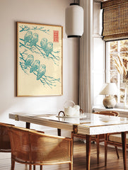 Japanese owl wall art showing seven teal owls on tree branches in a woodblock print style on a cream background. - Image 2