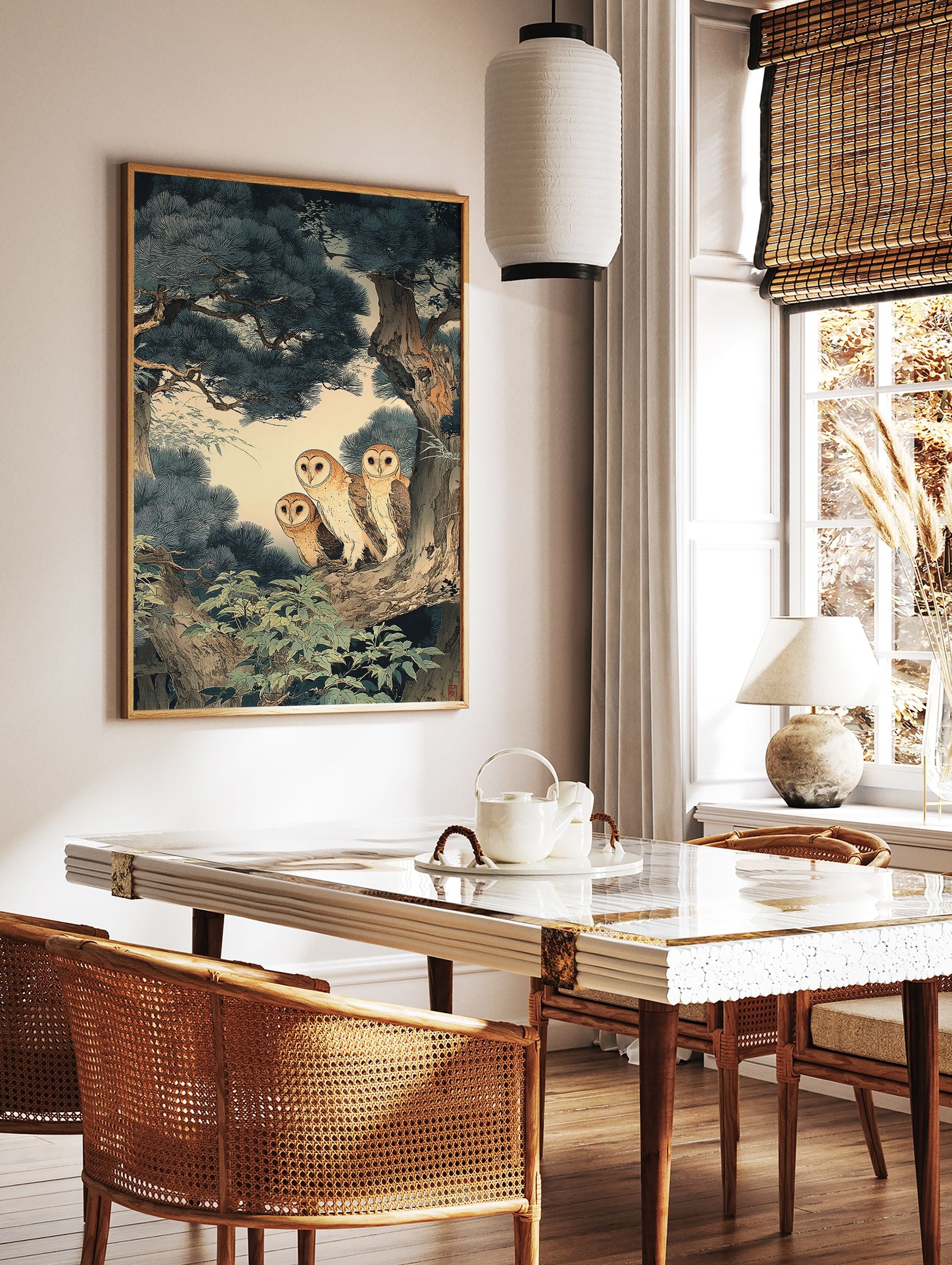 Three barn owls perched on a pine tree branch in a traditional Japanese art style, Japanese Owl Wall Art. - Image 2