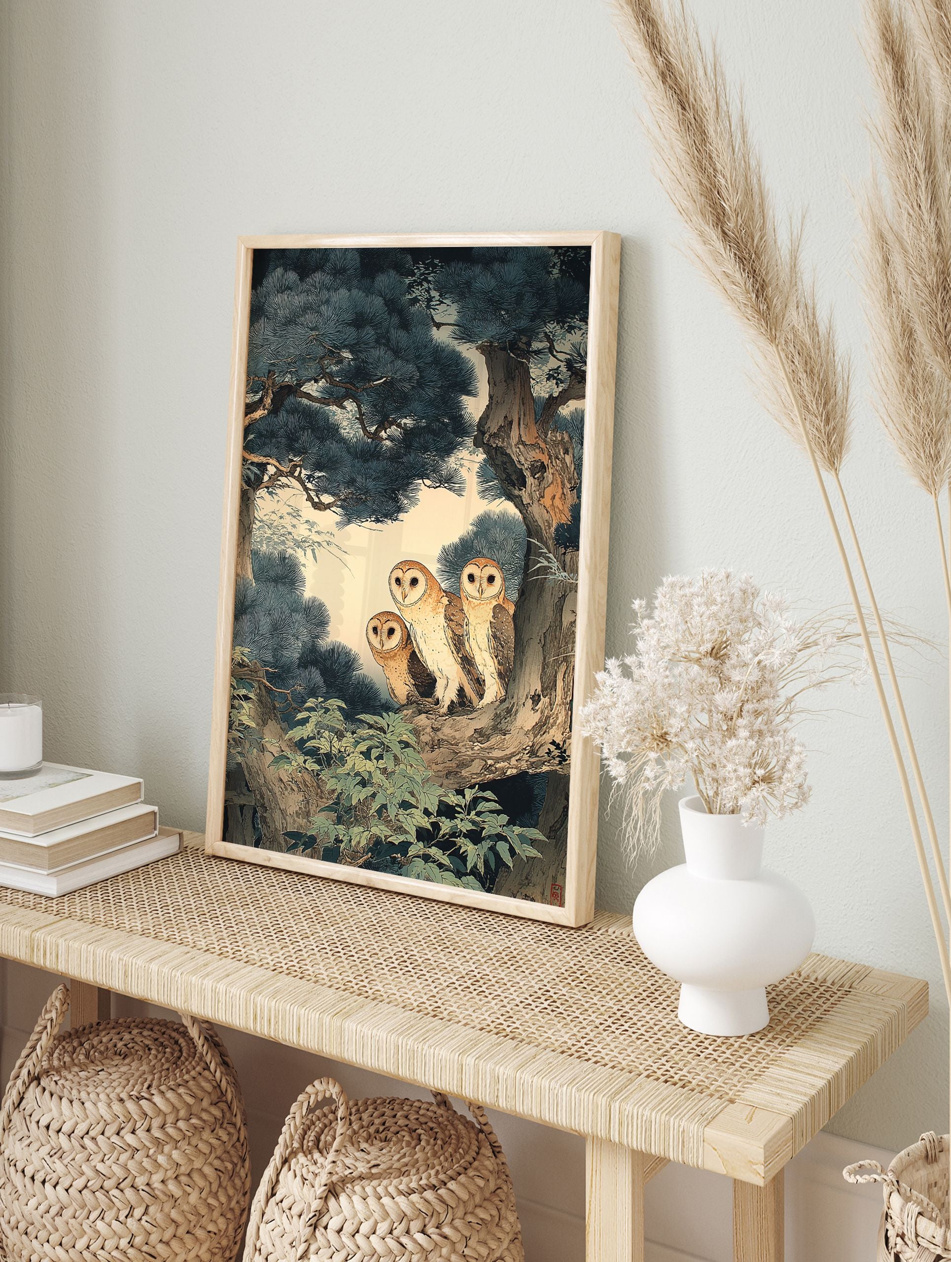 Three barn owls perched on a pine tree branch in a traditional Japanese art style, Japanese Owl Wall Art. - Image 3