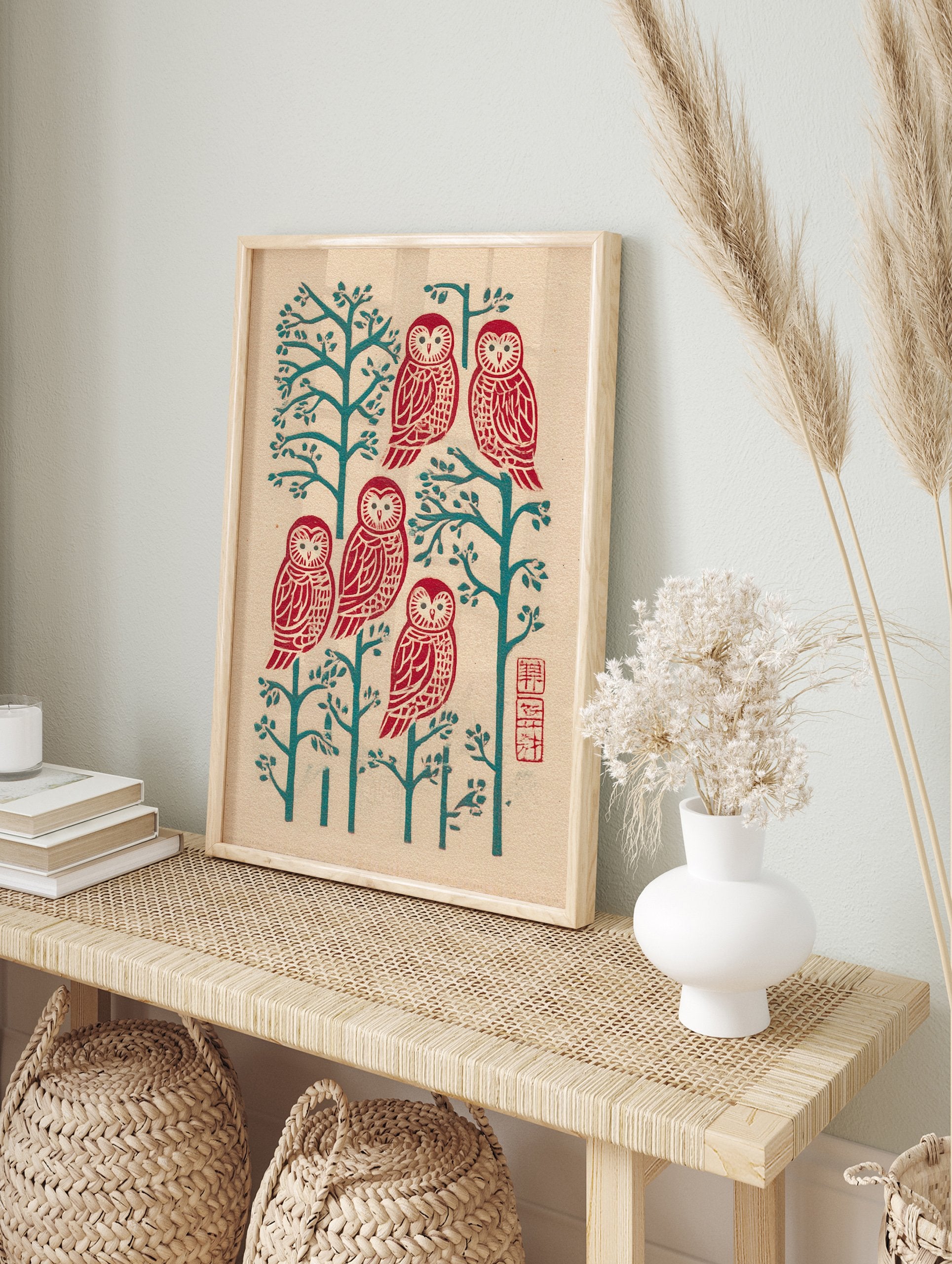 Japanese woodblock style print of five red owls on teal trees on a beige background with a red seal, owl wall art. - Image 3