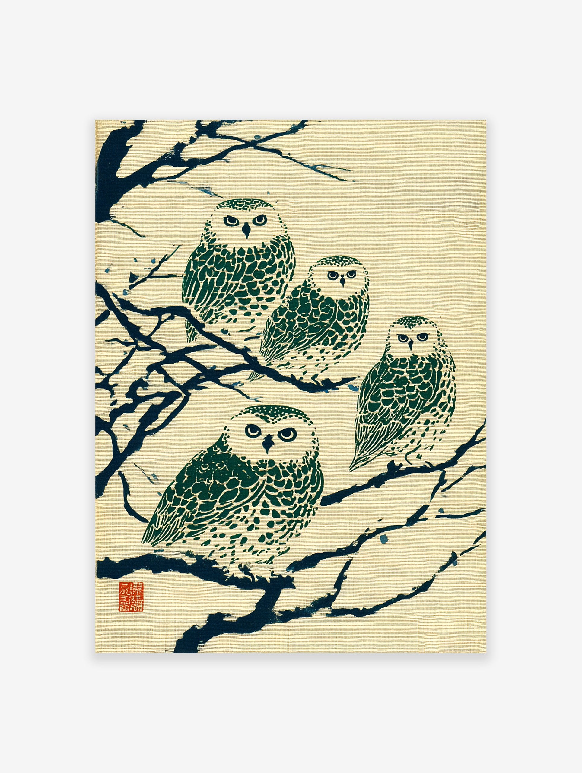 Japanese owl print featuring four green and white owls perched on dark blue branches on a cream textured background, with red seal.
