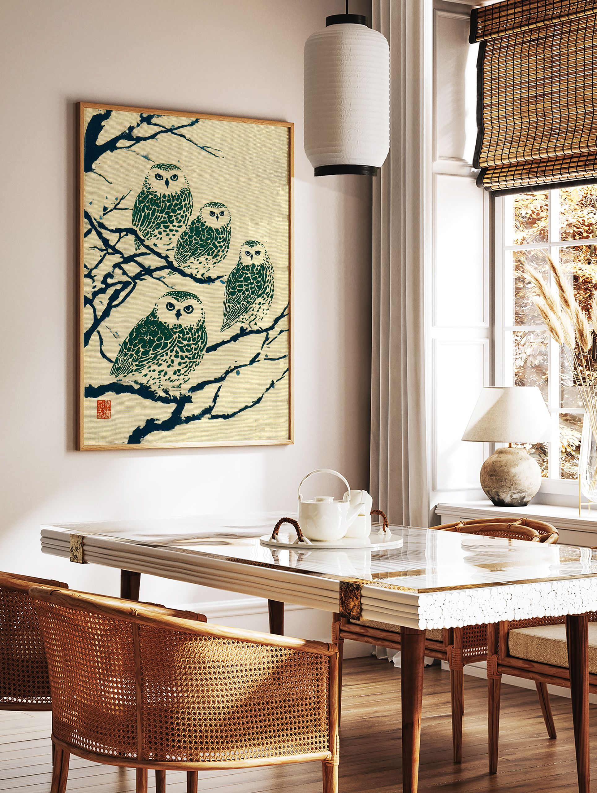 Japanese owl print featuring four green and white owls perched on dark blue branches on a cream textured background, with red seal. - Image 2