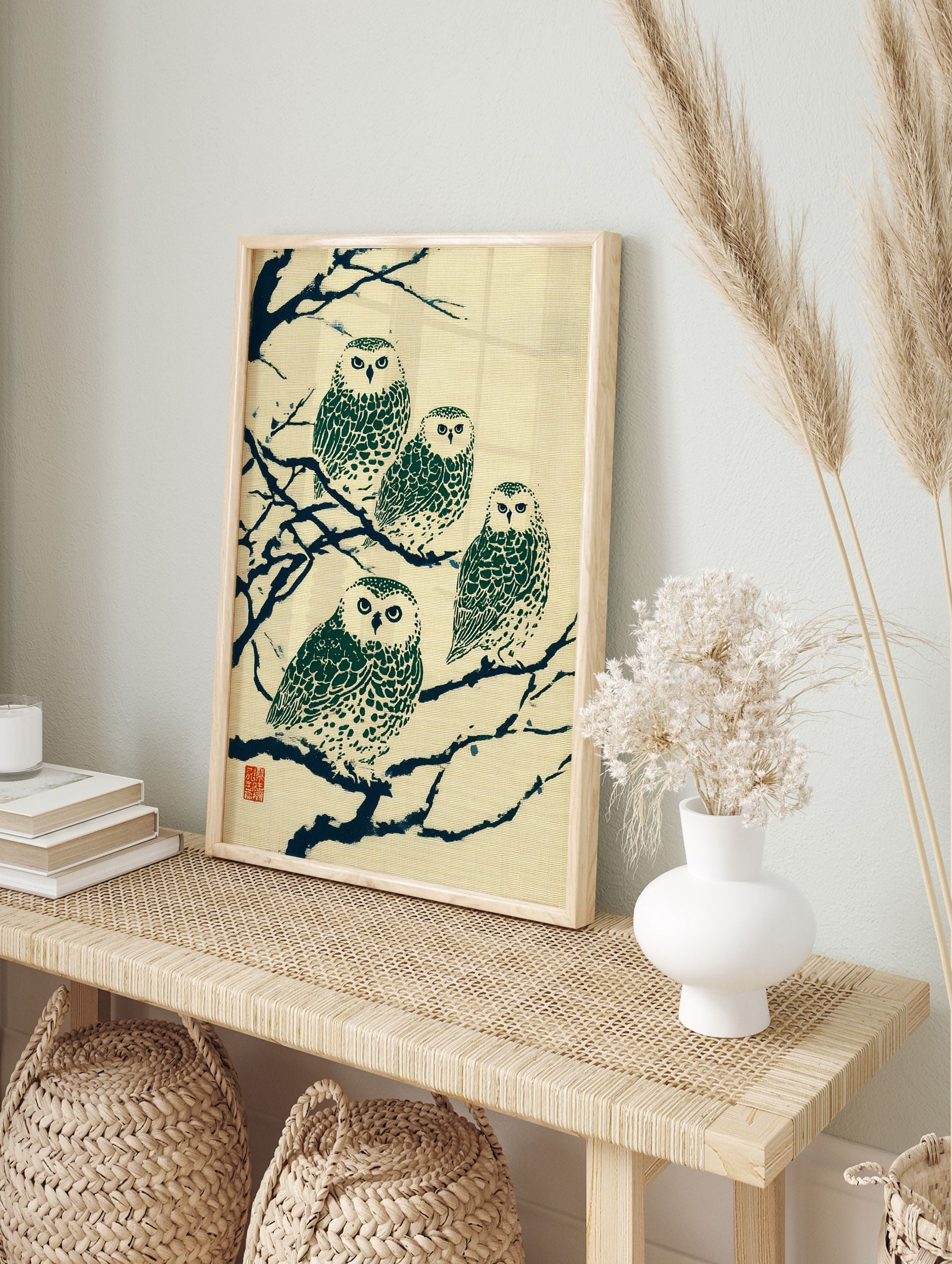 Japanese owl print featuring four green and white owls perched on dark blue branches on a cream textured background, with red seal. - Image 3