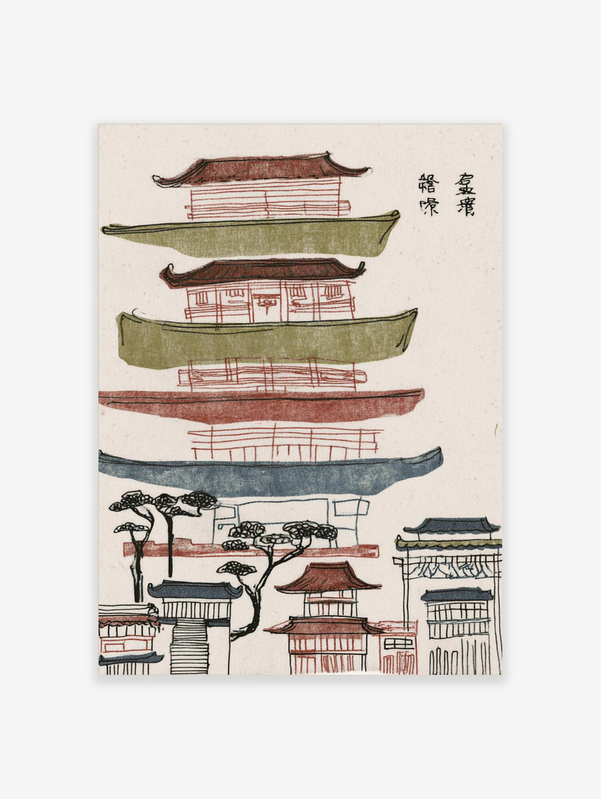 Japanese pagoda illustration with tiered roofs in red, green, blue, and kanji text on beige background