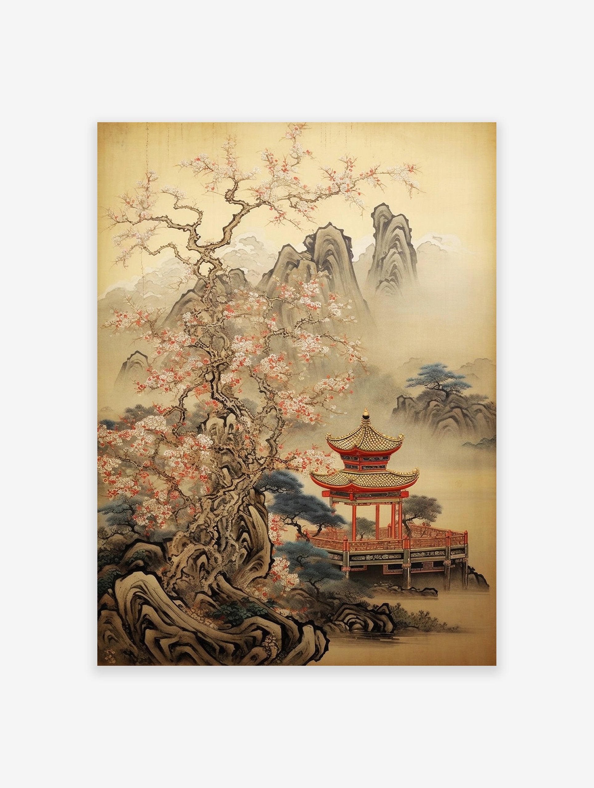 Japanese landscape poster with a traditional red pagoda, blossoming cherry tree, misty mountains, and a serene lake.
