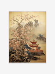 Japanese landscape poster with a traditional red pagoda, blossoming cherry tree, misty mountains, and a serene lake.