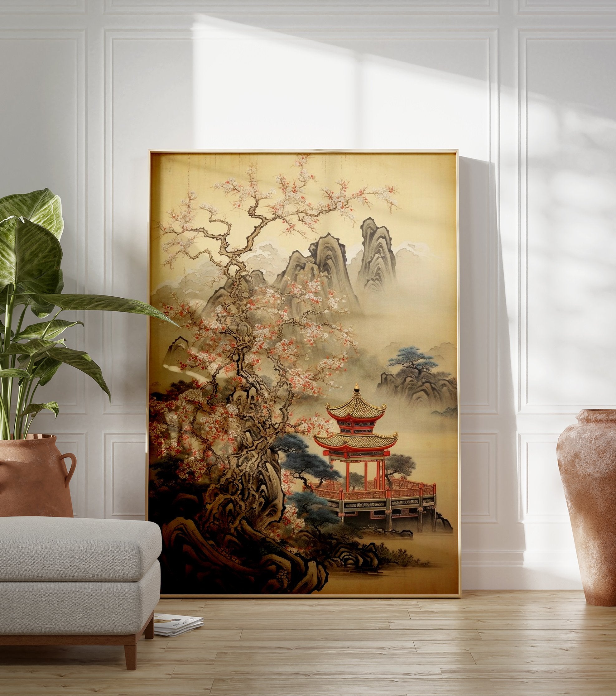 Japanese landscape poster with a traditional red pagoda, blossoming cherry tree, misty mountains, and a serene lake. - Image 3
