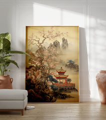Japanese landscape poster with a traditional red pagoda, blossoming cherry tree, misty mountains, and a serene lake. - Image 3