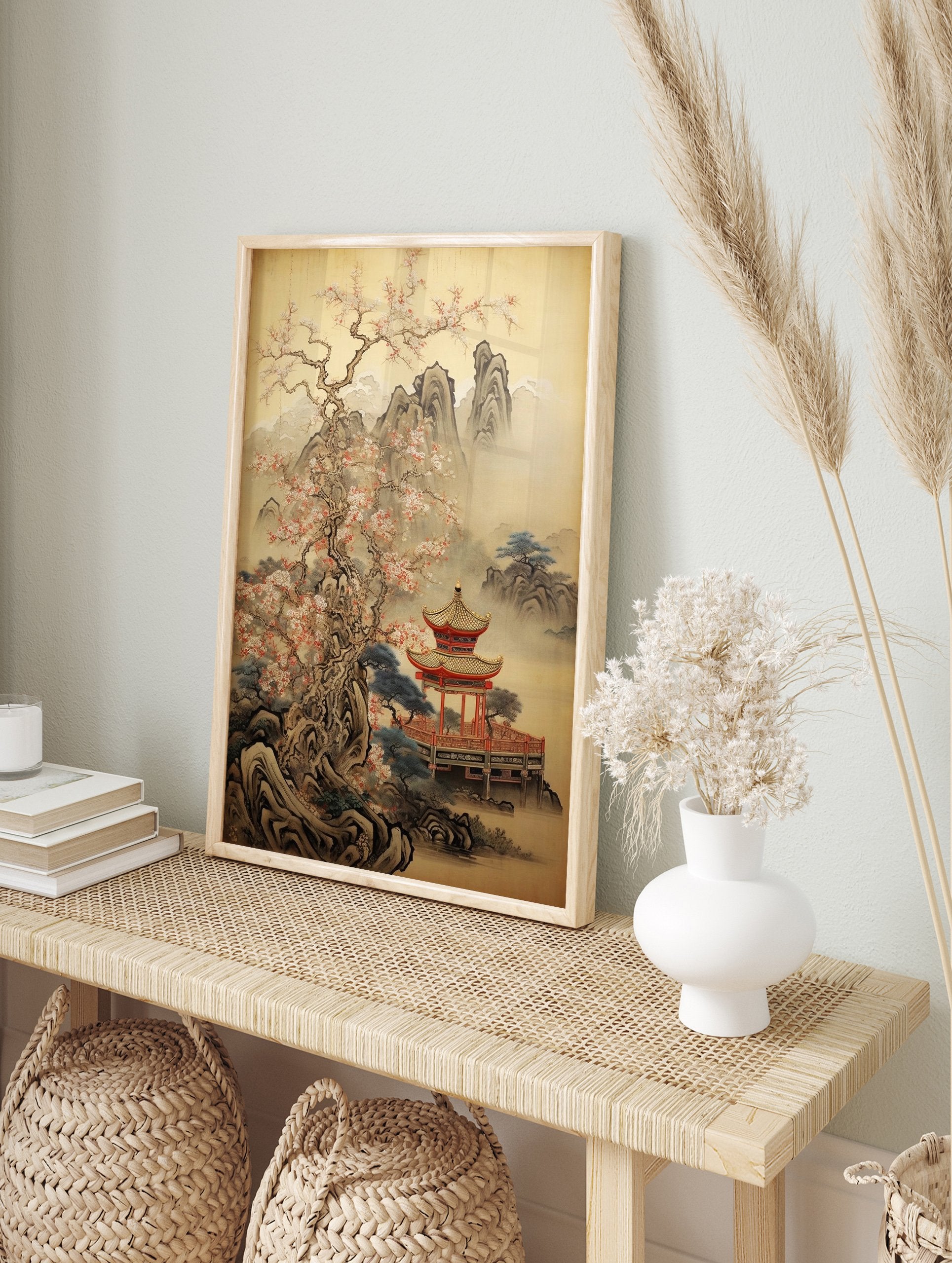 Japanese landscape poster with a traditional red pagoda, blossoming cherry tree, misty mountains, and a serene lake. - Image 4