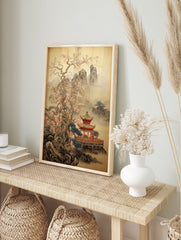 Japanese landscape poster with a traditional red pagoda, blossoming cherry tree, misty mountains, and a serene lake. - Image 4