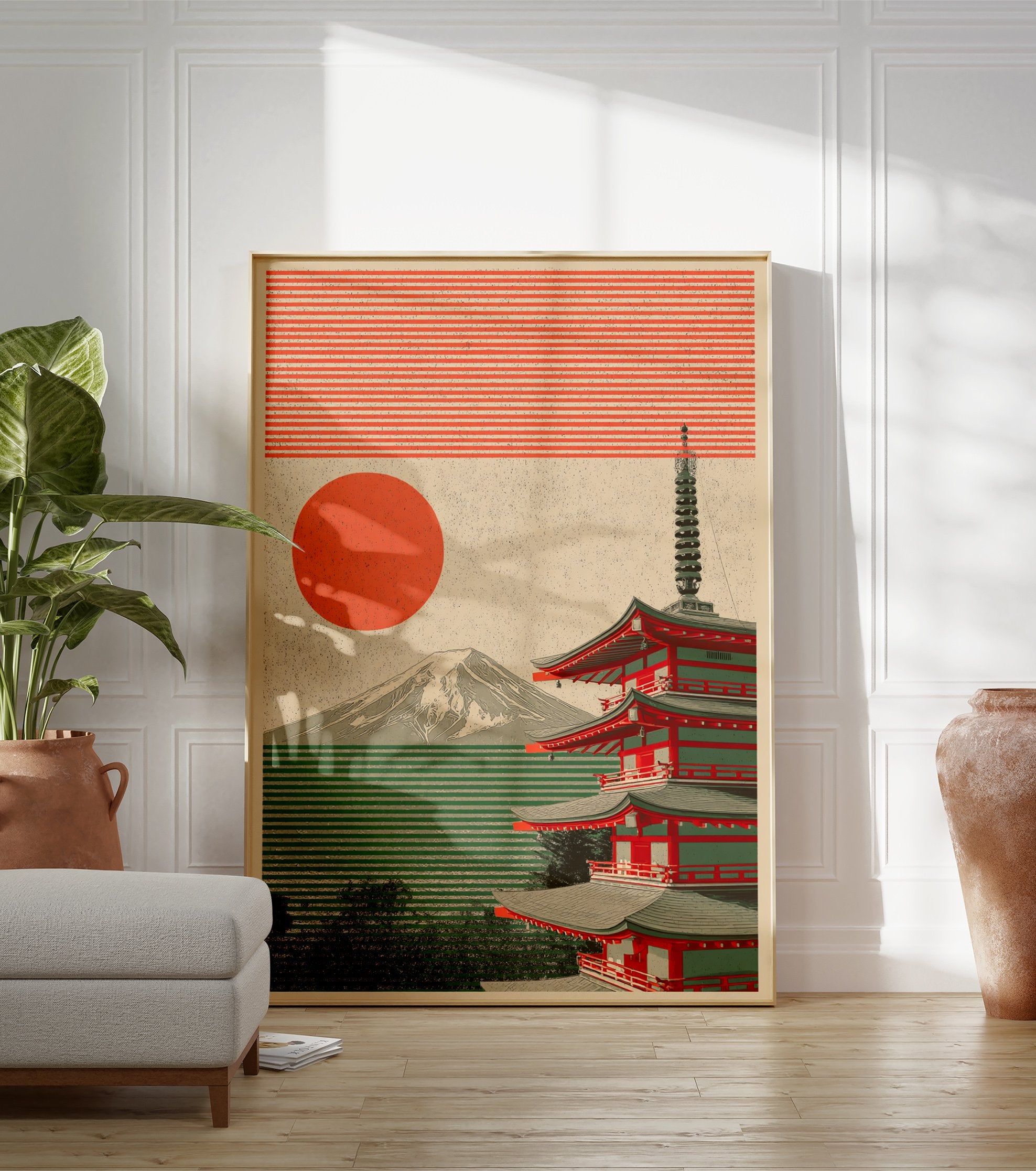 Japanese Pagoda poster with Mount Fuji, a red sun, and green striped landscape in an illustrative style. - Image 3