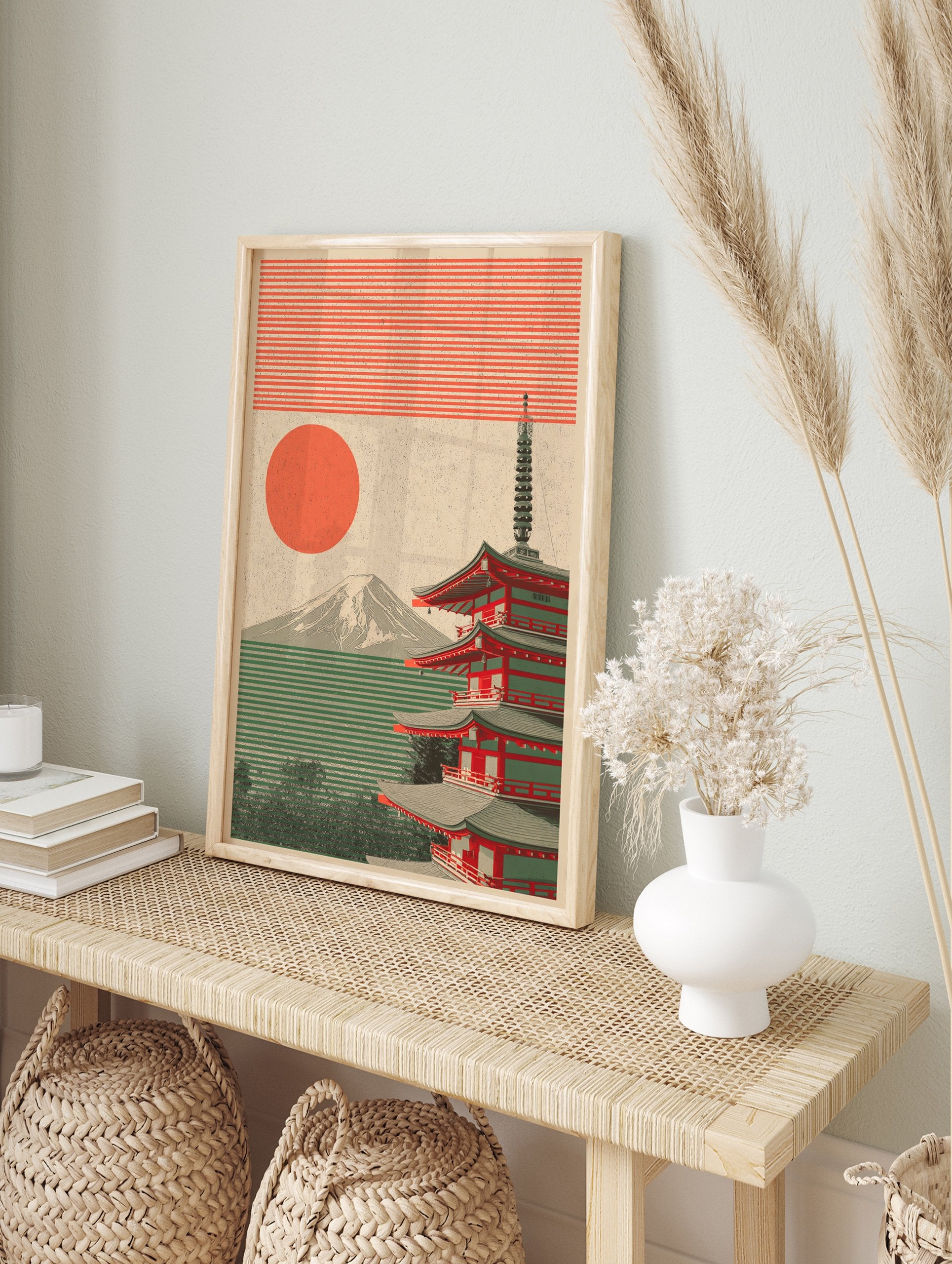 Japanese Pagoda poster with Mount Fuji, a red sun, and green striped landscape in an illustrative style. - Image 4