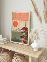 Japanese Pagoda poster with Mount Fuji, a red sun, and green striped landscape in an illustrative style. - Image 4