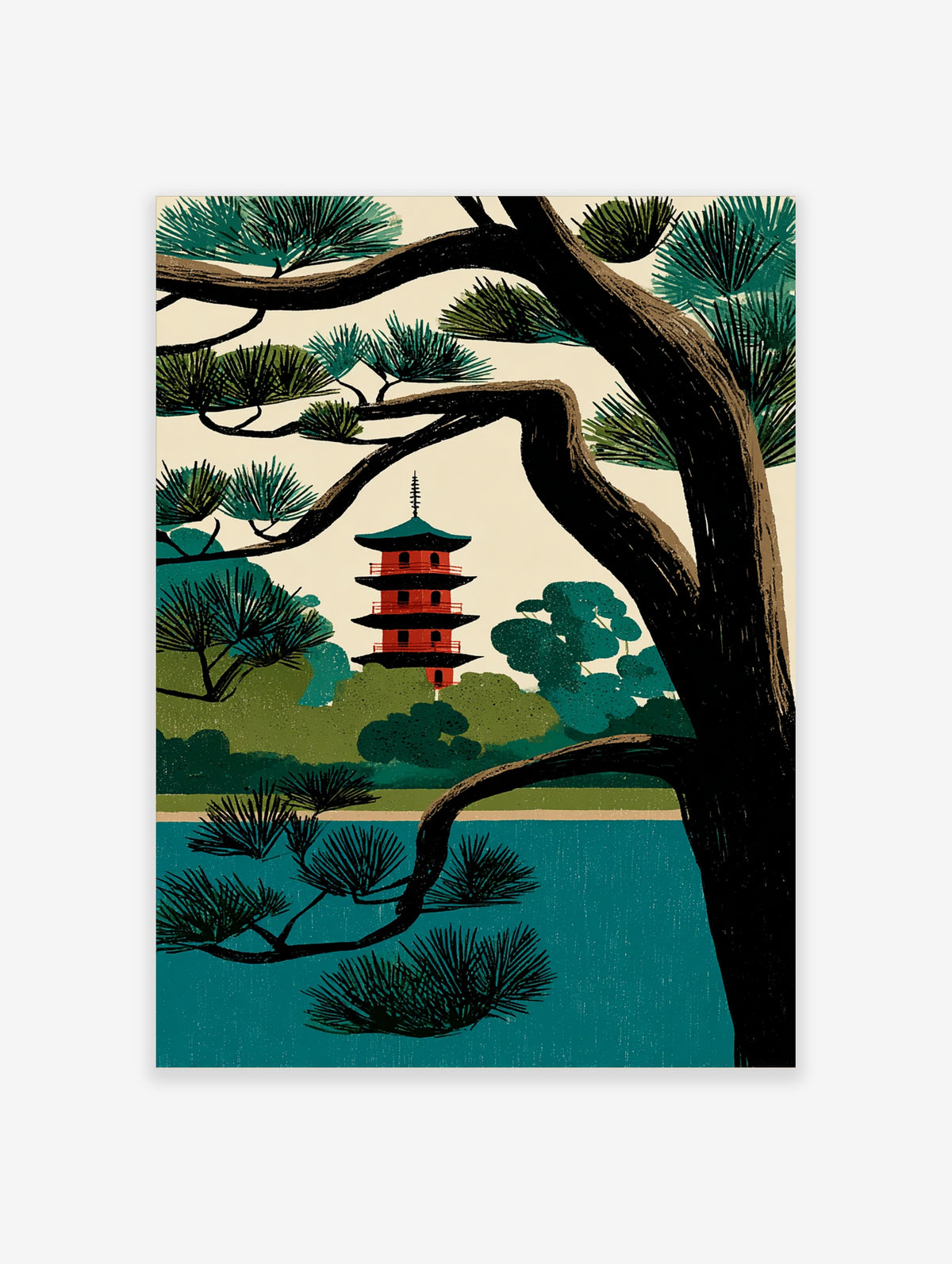 Japanese pagoda art print with red tower, pine branches, and teal water