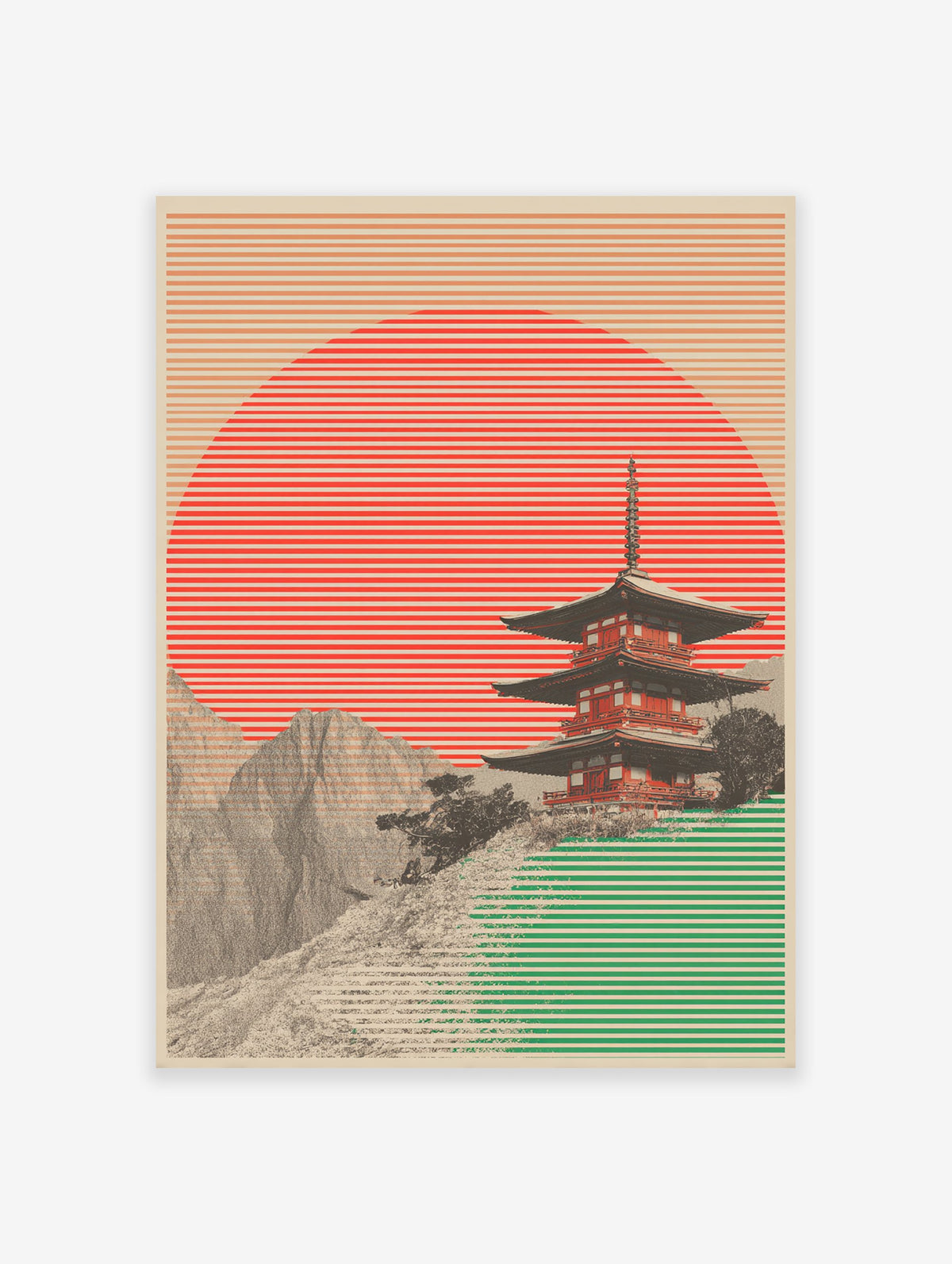 Japanese Pagoda Poster with a red striped sun, green foreground, and detailed mountains.