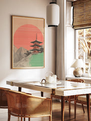 Japanese Pagoda Poster with a red striped sun, green foreground, and detailed mountains. - Image 2