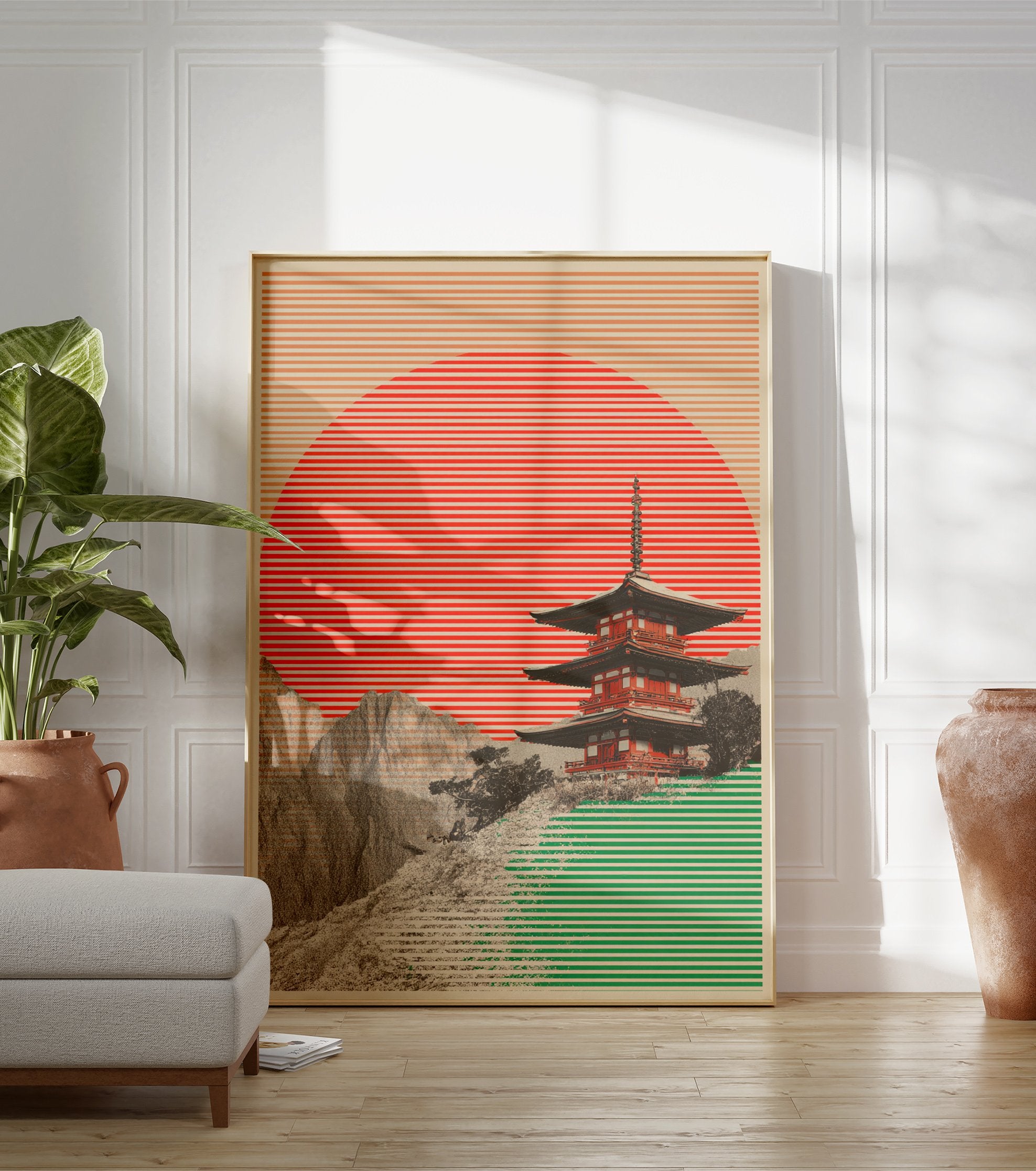 Japanese Pagoda Poster with a red striped sun, green foreground, and detailed mountains. - Image 3