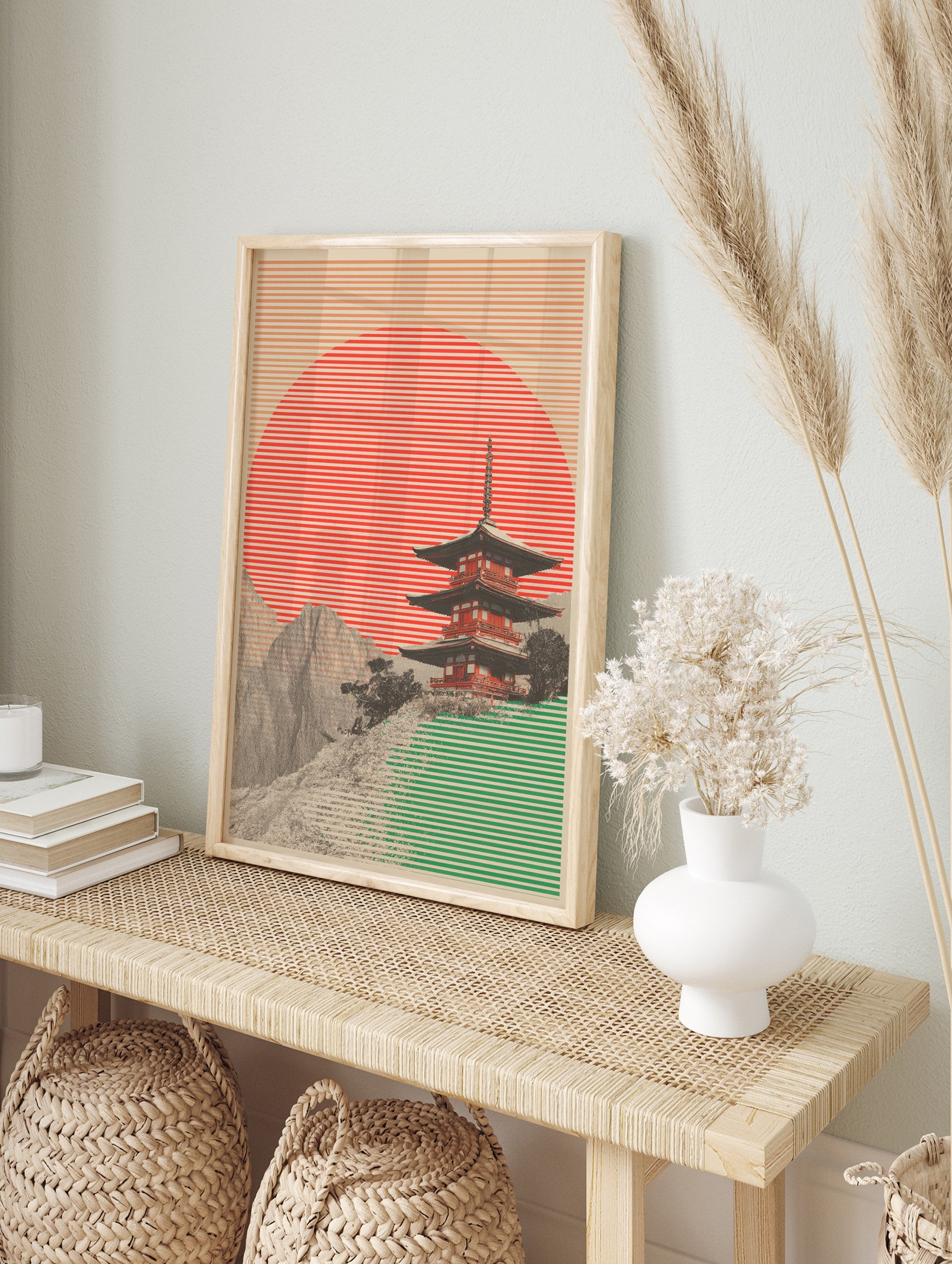 Japanese Pagoda Poster with a red striped sun, green foreground, and detailed mountains. - Image 4