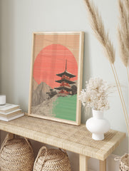 Japanese Pagoda Poster with a red striped sun, green foreground, and detailed mountains. - Image 4