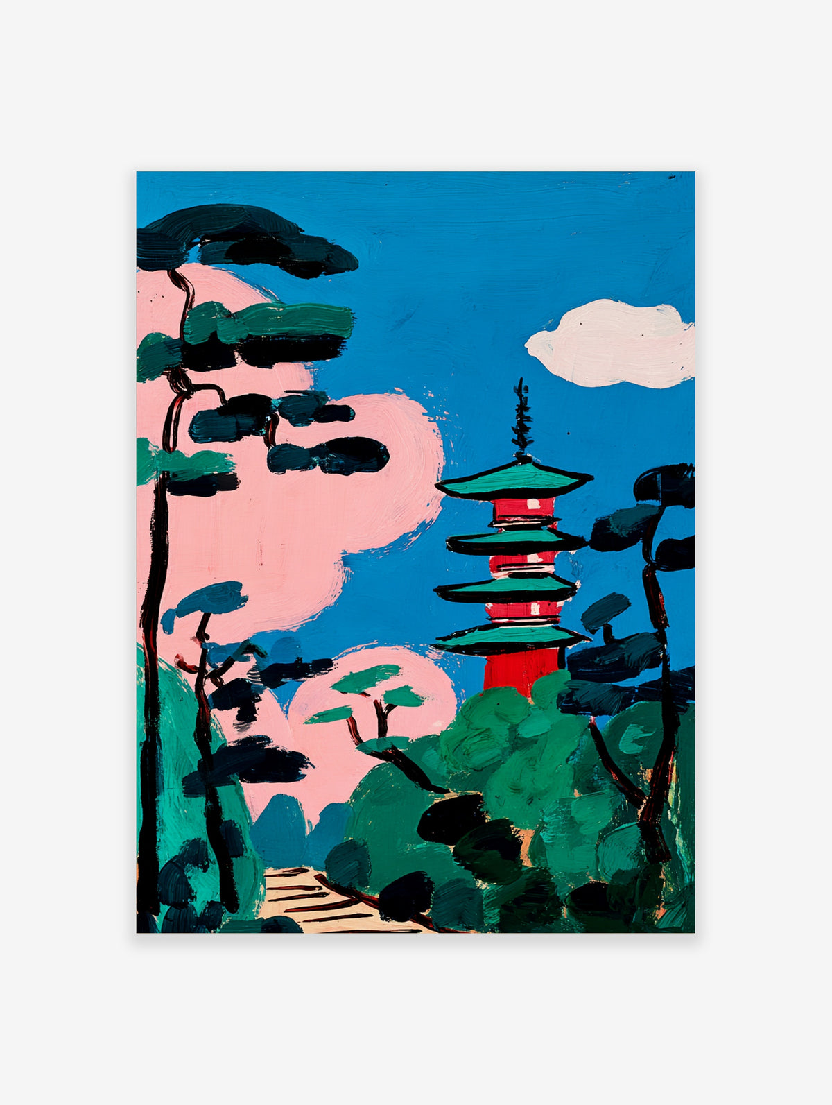 Japanese pagoda print with blue sky, pink clouds, green trees, and red pagoda, unframed wall art