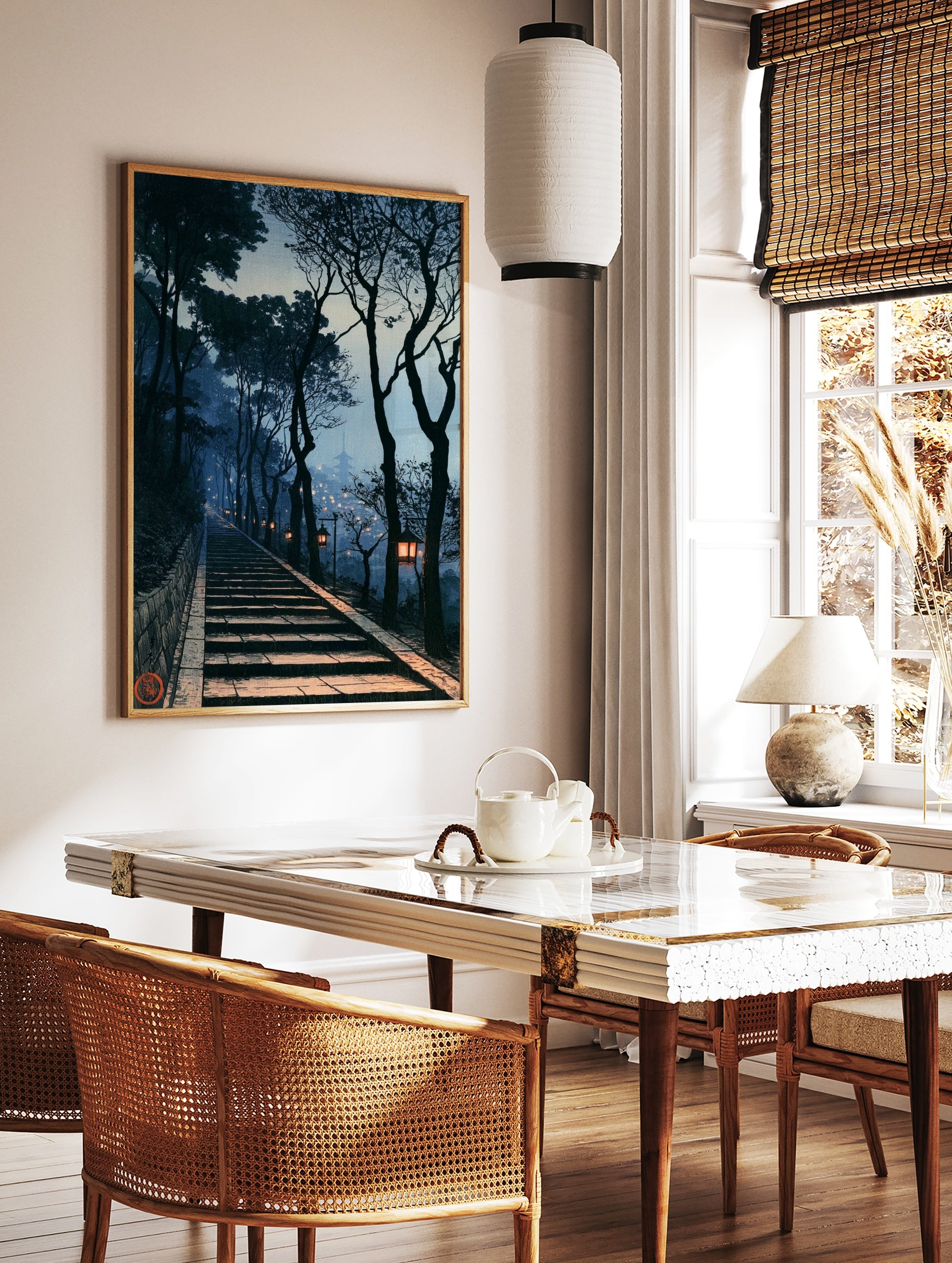 Japanese stone staircase with glowing lanterns and distant pagoda at twilight, illustrative art, in a styled room mockup