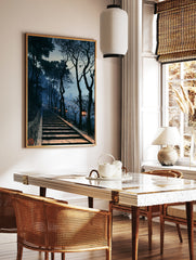 Japanese stone staircase with glowing lanterns and distant pagoda at twilight, illustrative art, in a styled room mockup