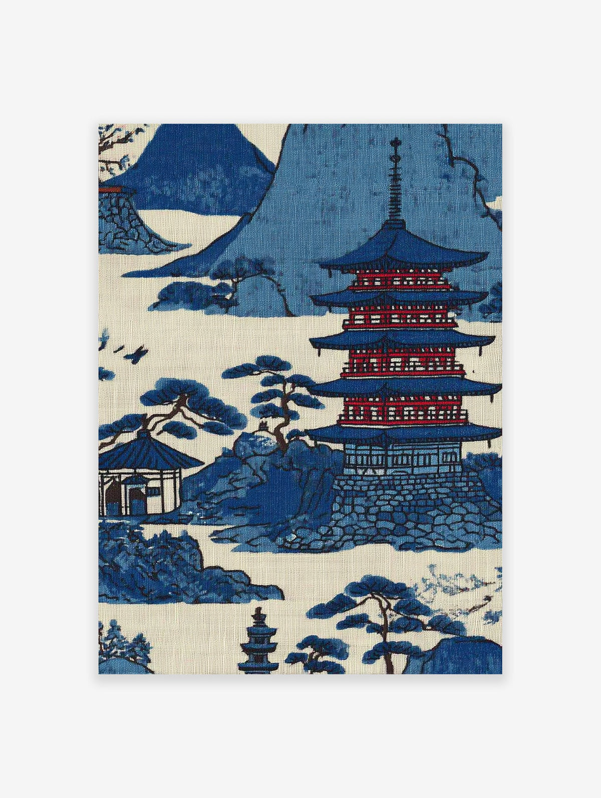 Traditional Japanese Pagoda Wall Art print featuring a blue and white landscape with mountains, pagoda, and pine trees.
