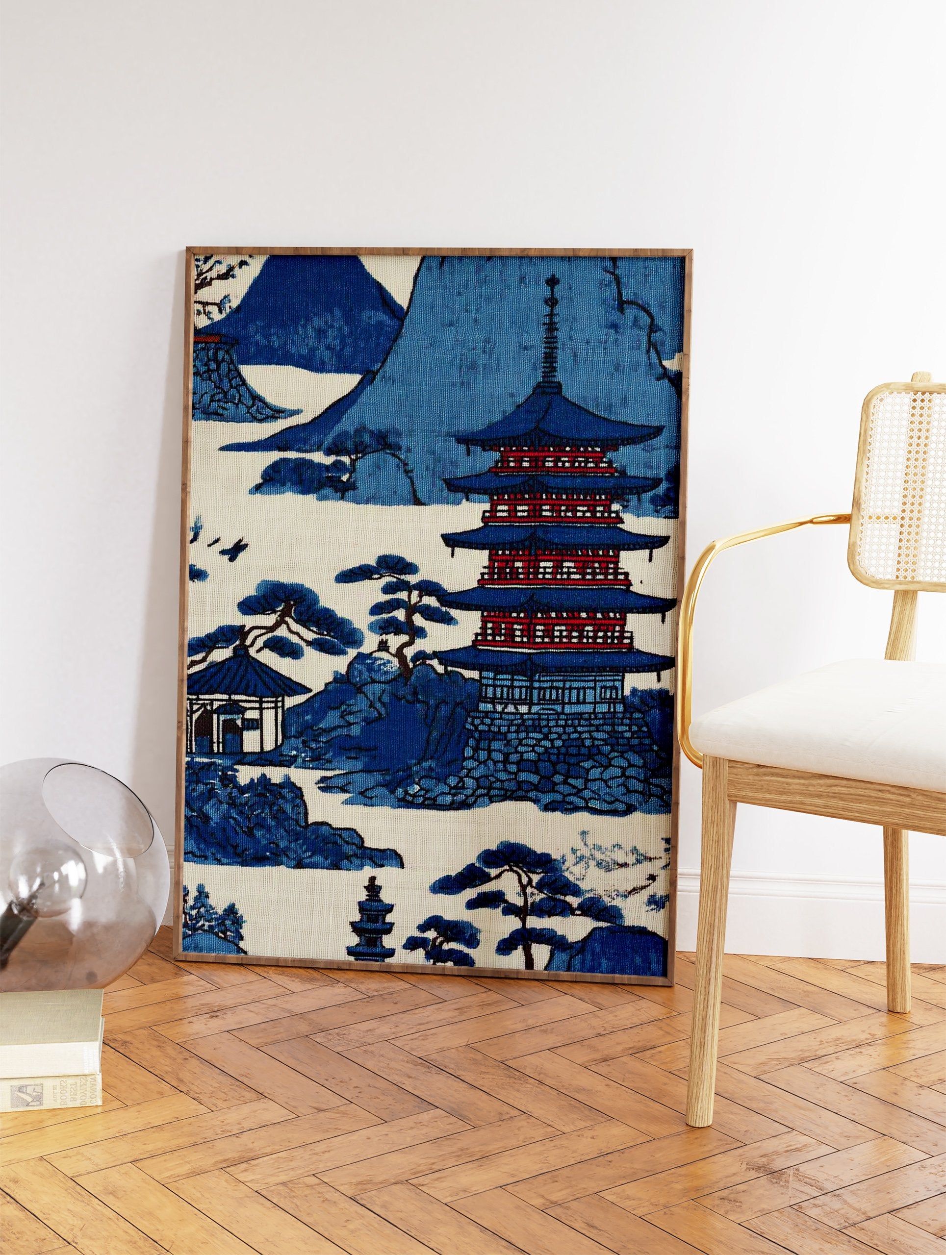 Traditional Japanese Pagoda Wall Art print featuring a blue and white landscape with mountains, pagoda, and pine trees. - Image 2
