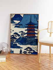 Traditional Japanese Pagoda Wall Art print featuring a blue and white landscape with mountains, pagoda, and pine trees. - Image 2