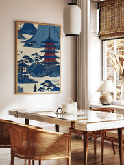 Traditional Japanese Pagoda Wall Art print featuring a blue and white landscape with mountains, pagoda, and pine trees. - Image 3