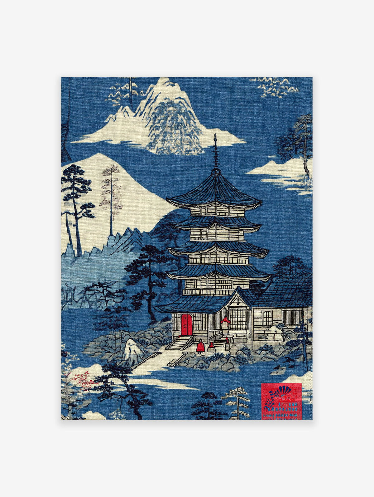 Traditional Japanese Pagoda Wall Art in a serene blue and white landscape with mountains, trees, and a temple design.
