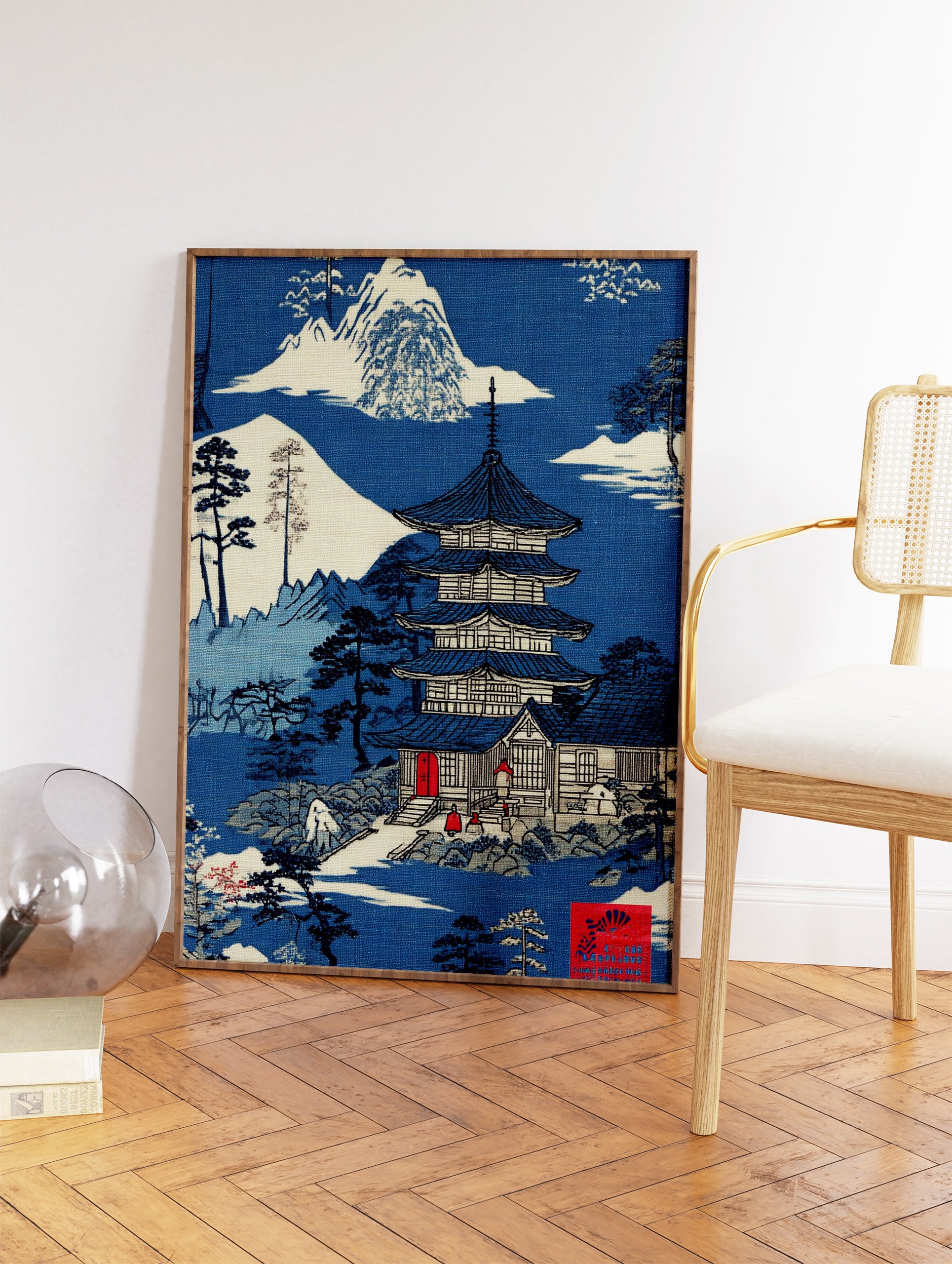 Traditional Japanese Pagoda Wall Art in a serene blue and white landscape with mountains, trees, and a temple design. - Image 2