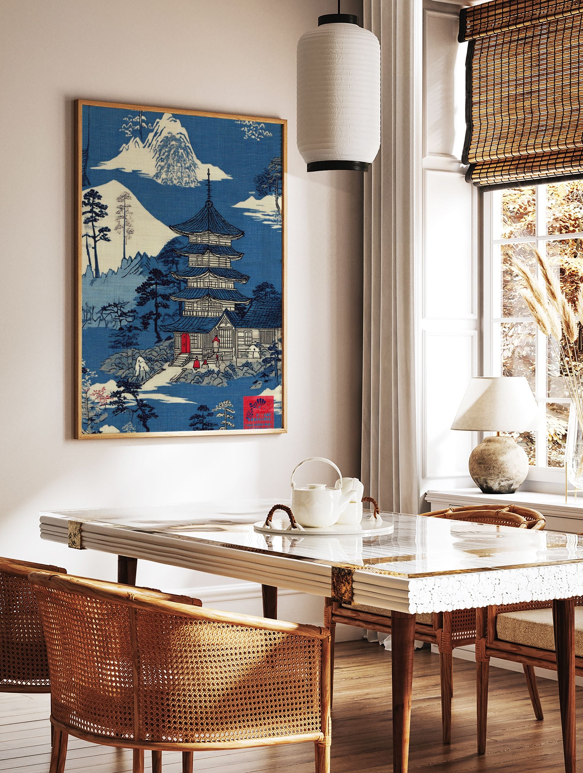 Traditional Japanese Pagoda Wall Art in a serene blue and white landscape with mountains, trees, and a temple design. - Image 3