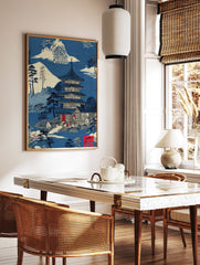 Traditional Japanese Pagoda Wall Art in a serene blue and white landscape with mountains, trees, and a temple design. - Image 3