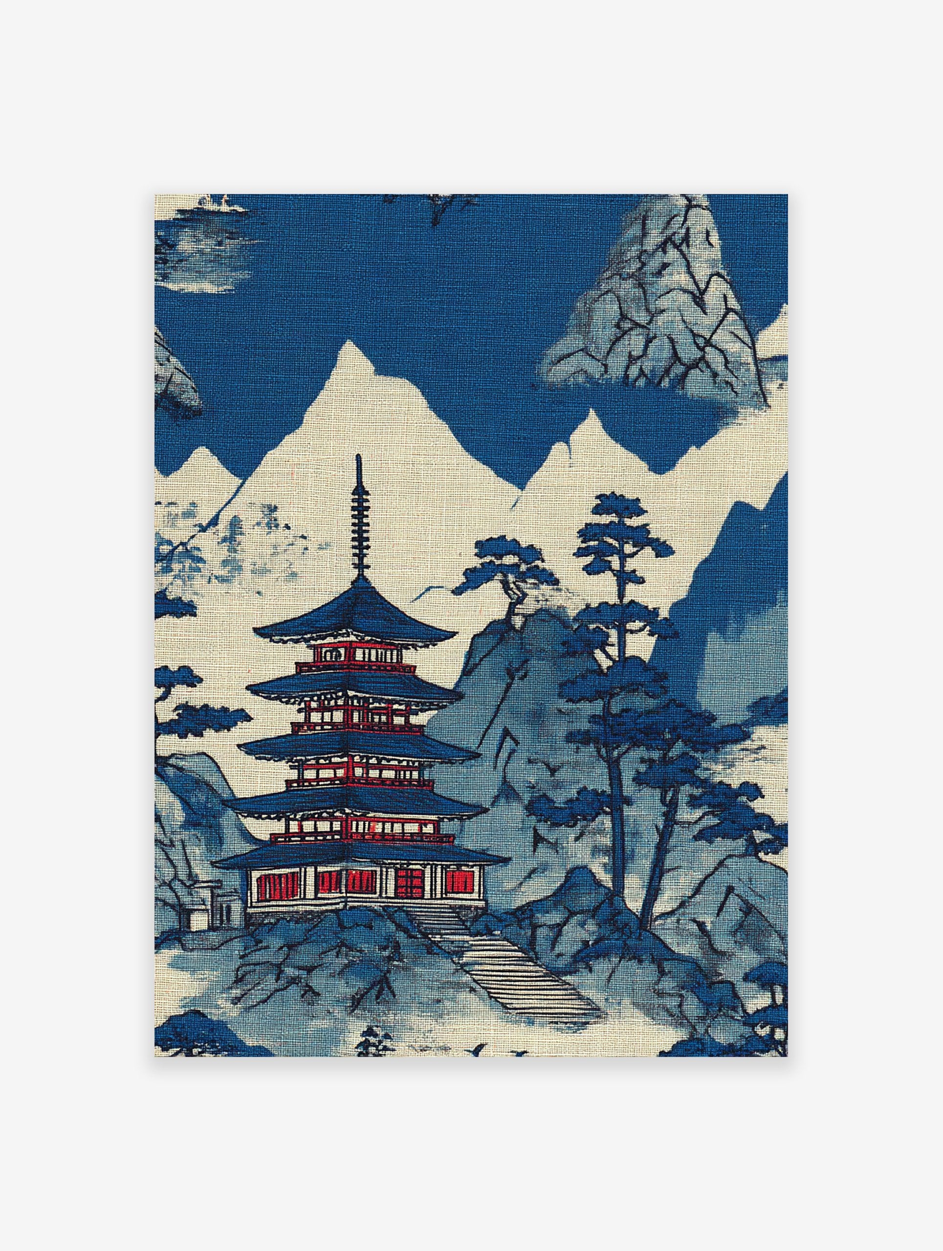 Japanese pagoda art print with blue mountains and trees on a white background, in a traditional illustrative style.