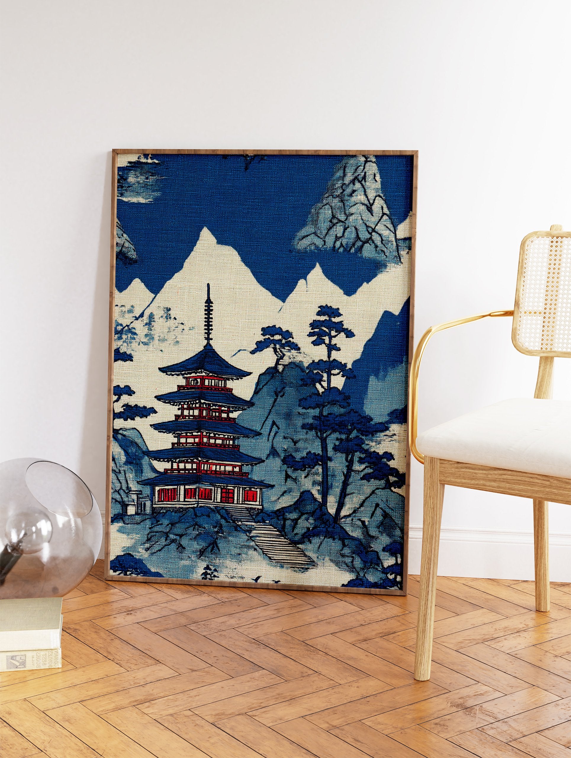 Japanese pagoda art print with blue mountains and trees on a white background, in a traditional illustrative style. - Image 2