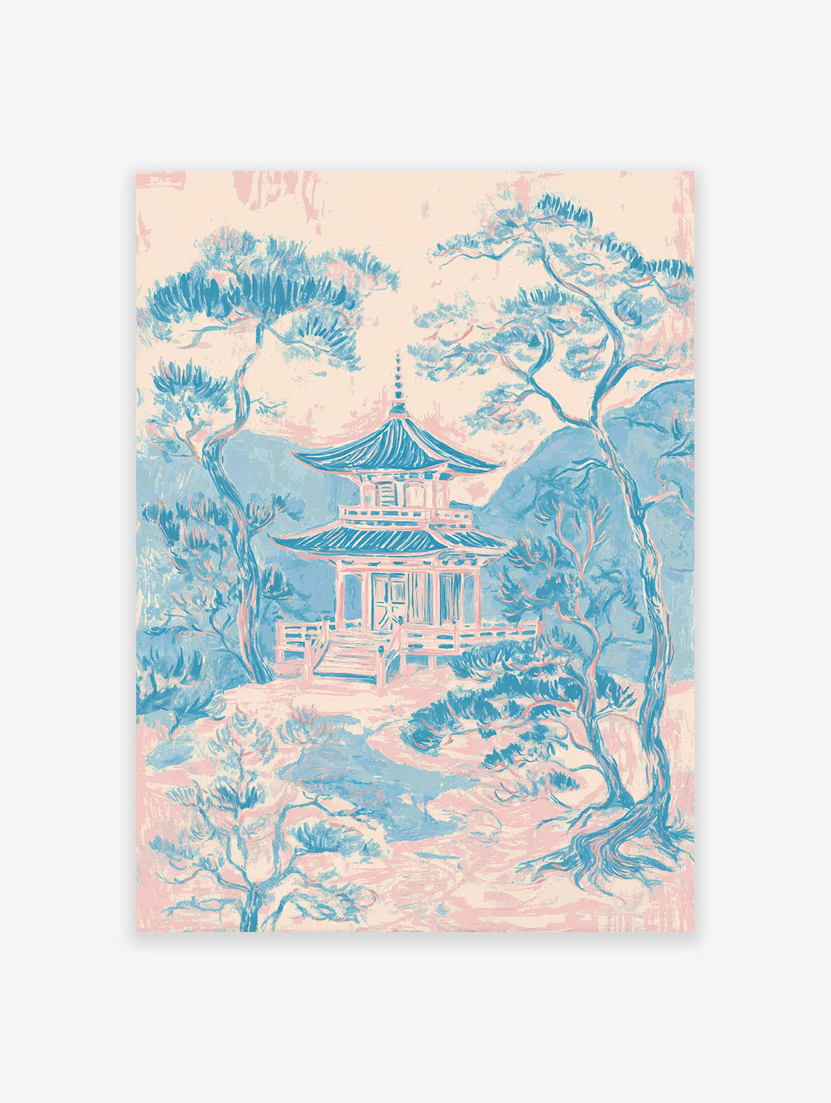 Japanese Pagoda Wall Art showing a traditional temple and pine trees in a blue and pink landscape illustration style.