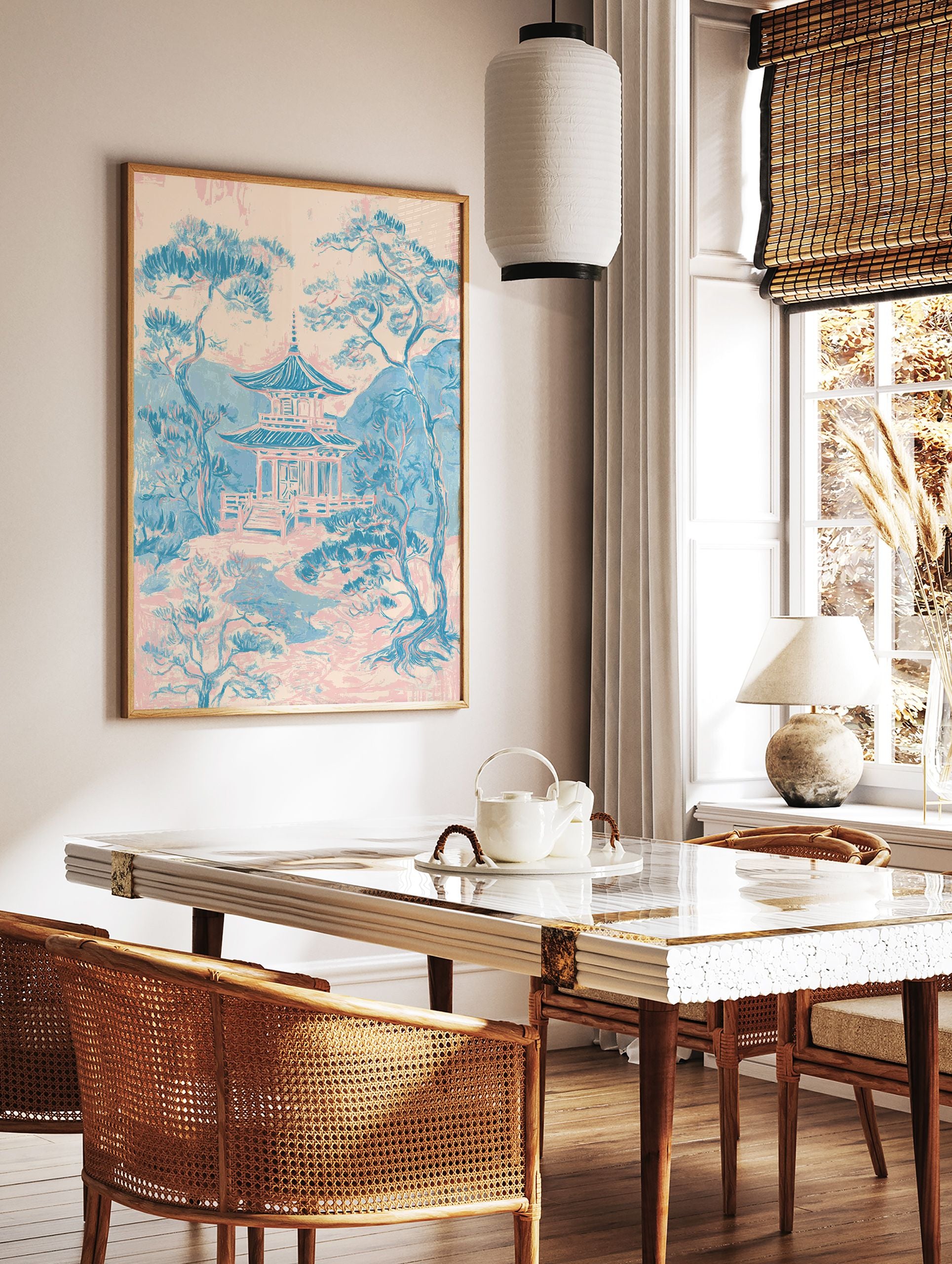 Japanese Pagoda Wall Art showing a traditional temple and pine trees in a blue and pink landscape illustration style. - Image 2
