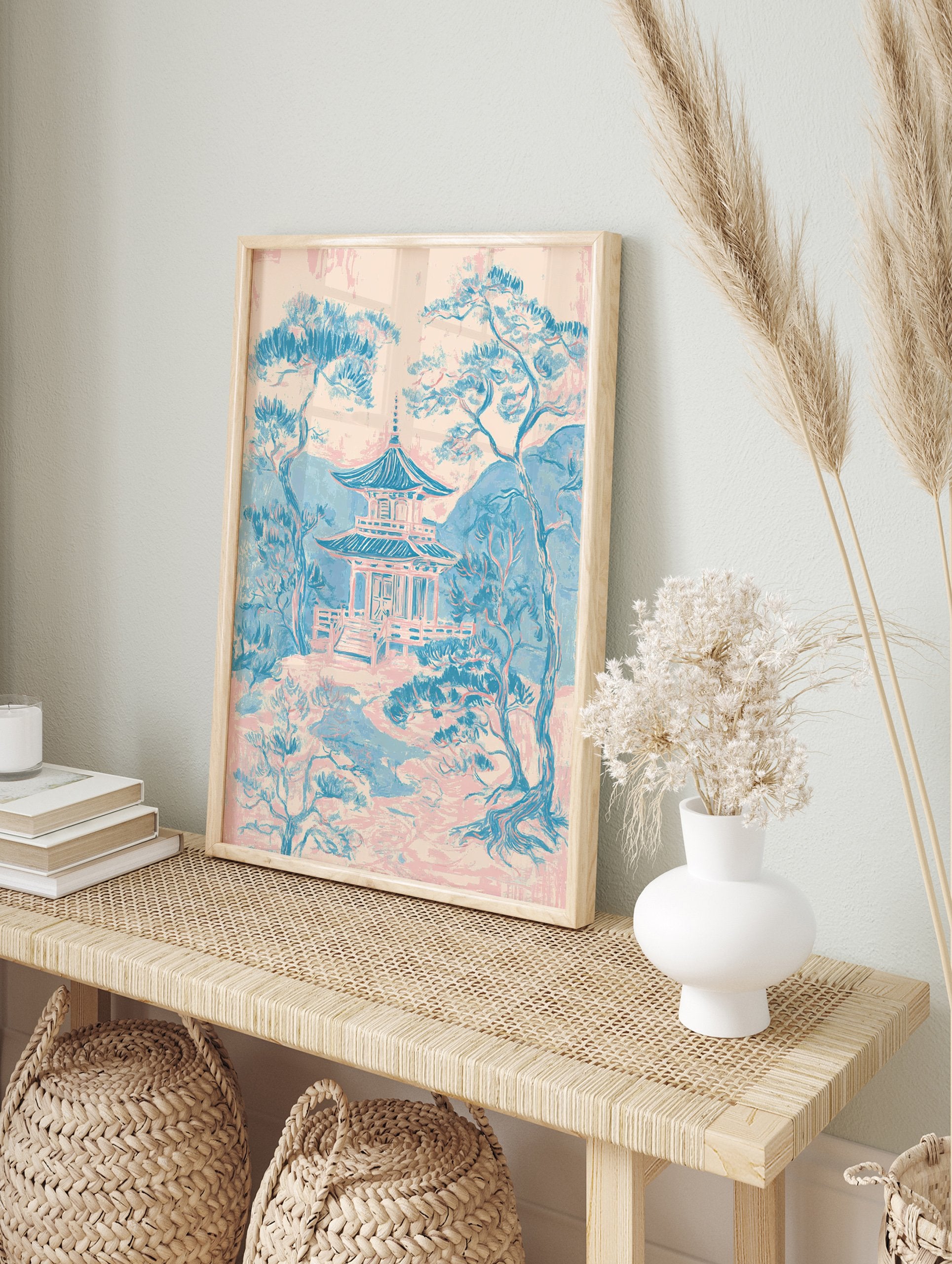 Japanese Pagoda Wall Art showing a traditional temple and pine trees in a blue and pink landscape illustration style. - Image 3