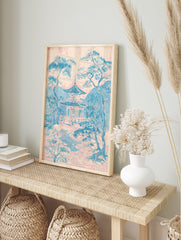 Japanese Pagoda Wall Art showing a traditional temple and pine trees in a blue and pink landscape illustration style. - Image 3