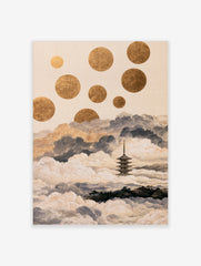 Japanese pagoda emerging from clouds with floating gold circles, illustrative style wall art print on neutral background